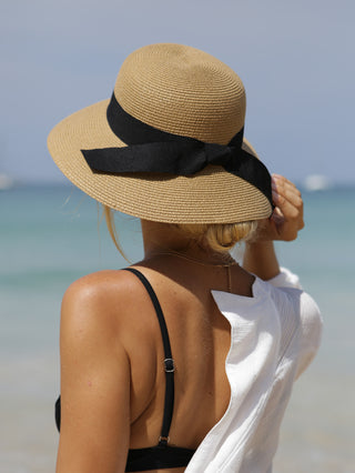 FURTALK Wide Ribbon Straw Beach Sun Hat