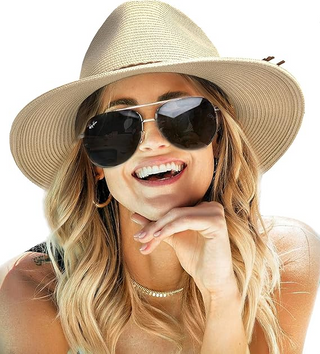 FURTALK Wide Brim UV UPF 80+ Panama Fedora Straw Beach Hat