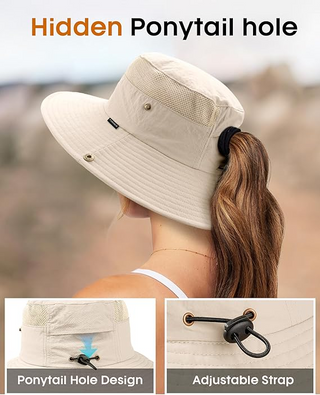 FURTALK Wide Brim Outdoor UV Protection Packable Bucket Safari Hat with Ponytail Hole
