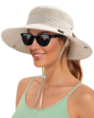 FURTALK Wide Brim Outdoor UV Protection Packable Bucket Safari Hat with Ponytail Hole