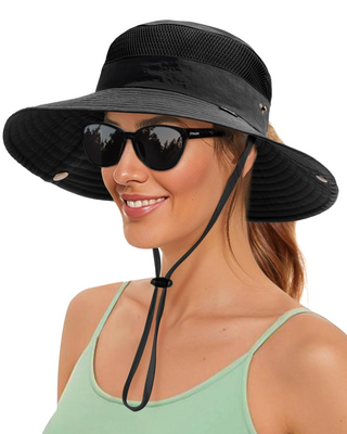 FURTALK Wide Brim Outdoor UV Protection Packable Bucket Safari Hat with Ponytail Hole