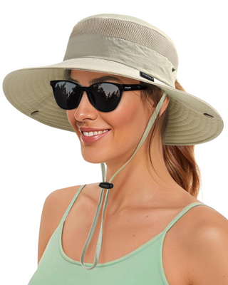 FURTALK Wide Brim Outdoor UV Protection Packable Bucket Safari Hat with Ponytail Hole
