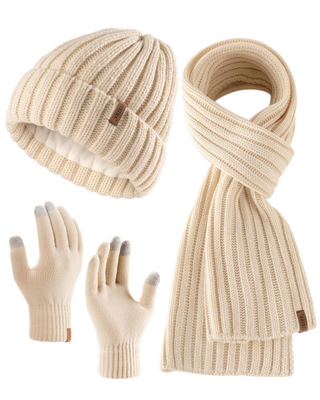 FURTALK Soft Fleece Lined Double Layer Beanie Knit Hat Touchscreen Gloves Scarf Set