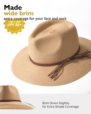FURTALK Wide Brim UV UPF 80+ Panama Fedora Straw Beach Hat
