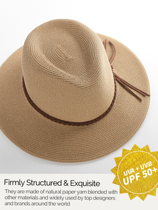 FURTALK Wide Brim UV UPF 80+ Panama Fedora Straw Beach Hat