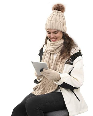 FURTALK Winter Hat Gloves Scarf Set Fleece Knit Pom Beanie Warm Neck Warmer Touchscreen Gloves 3 in 1 Gift Set