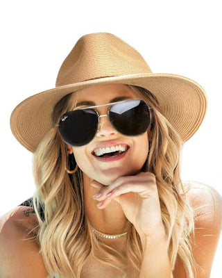 FURTALK Wide Brim UV UPF 80+ Panama Fedora Straw Beach Hat