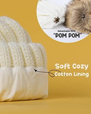FURTALK Knitted Pom Beanie Hat Cotton Lined Pom Pom Cap