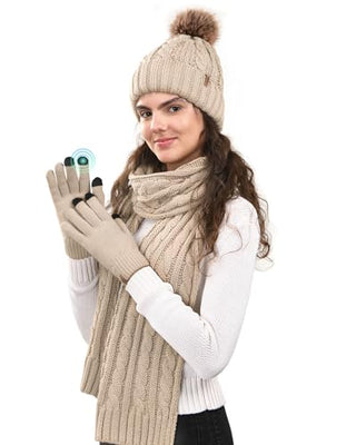 FURTALK Winter Hat Gloves Scarf Set Fleece Knit Pom Beanie Warm Neck Warmer Touchscreen Gloves 3 in 1 Gift Set