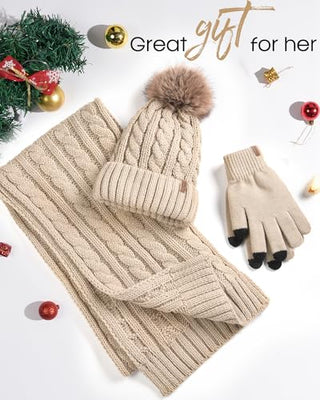 FURTALK Winter Hat Gloves Scarf Set Fleece Knit Pom Beanie Warm Neck Warmer Touchscreen Gloves 3 in 1 Gift Set