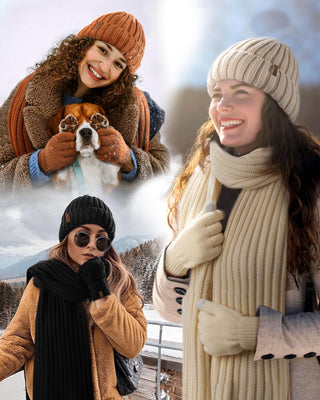 FURTALK Soft Fleece Lined Double Layer Beanie Knit Hat Touchscreen Gloves Scarf Set