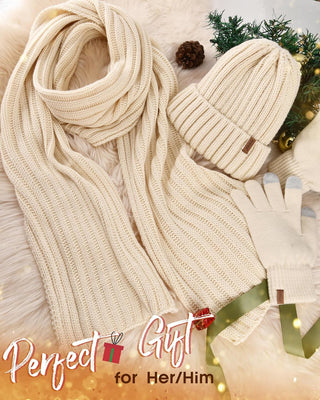 FURTALK Soft Fleece Lined Double Layer Beanie Knit Hat Touchscreen Gloves Scarf Set