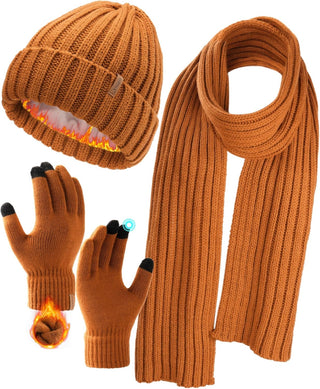 FURTALK Soft Fleece Lined Double Layer Beanie Knit Hat Touchscreen Gloves Scarf Set