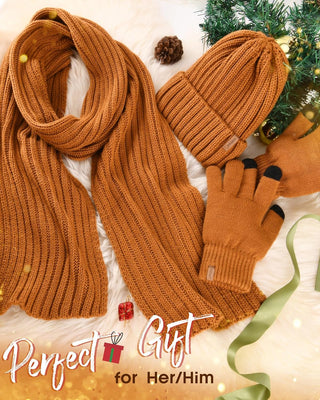 FURTALK Soft Fleece Lined Double Layer Beanie Knit Hat Touchscreen Gloves Scarf Set