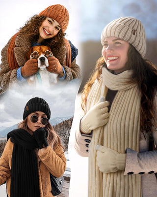 FURTALK Soft Fleece Lined Double Layer Beanie Knit Hat Touchscreen Gloves Scarf Set