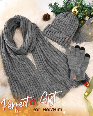 FURTALK Soft Fleece Lined Double Layer Beanie Knit Hat Touchscreen Gloves Scarf Set