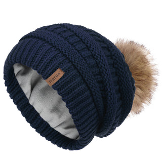 FURTALK Womens Winter Knit Beanie Hat Slouchy Skull Cap Faux Fur Pom Pom Hats Cap for Girls Double Layer Warm Original