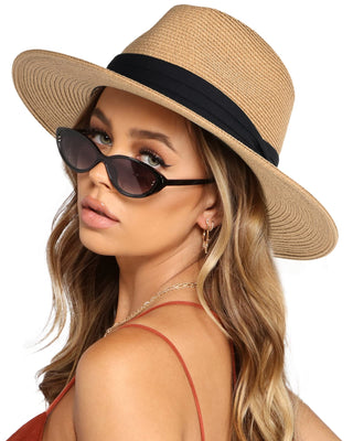 FURTALK UPF80 Wide Brim Fedora Straw Panama Hat