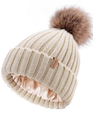 FURTALK Womens Winter Beanie Hat Satin Lined Faux Fur Pom Pom Beanies Hat for Women Winter Warm Knit Hats