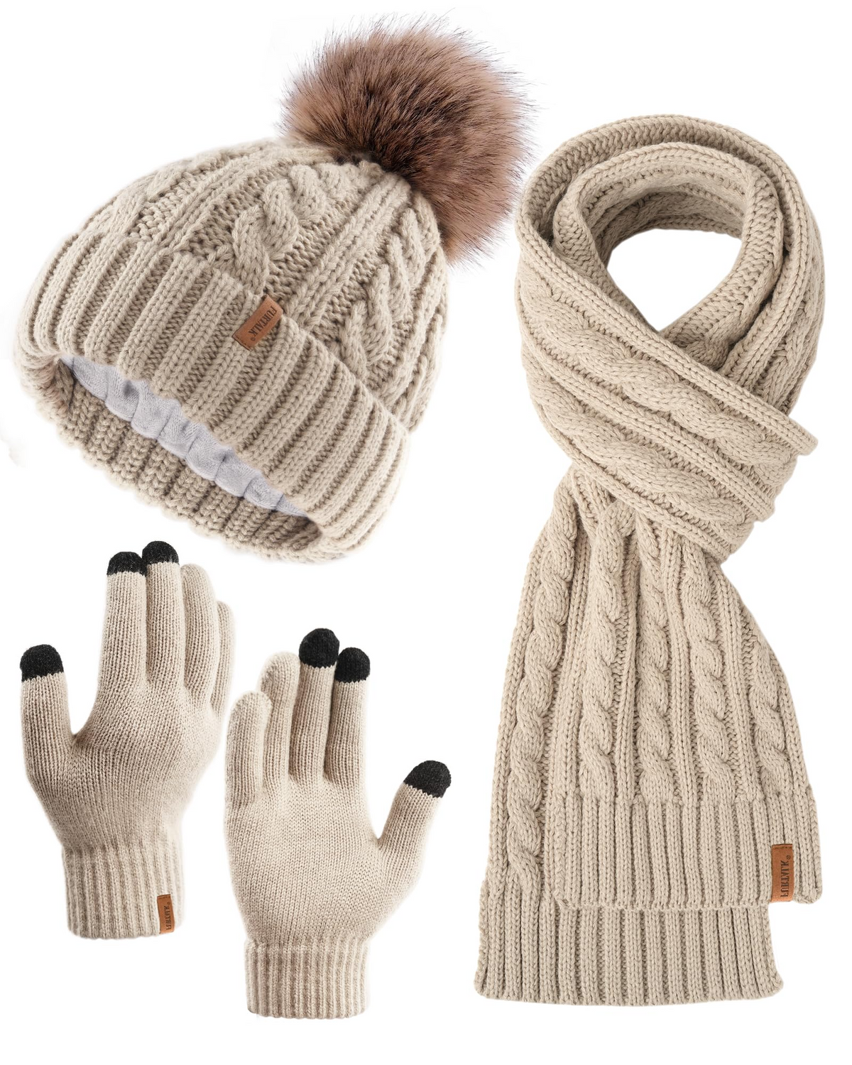 Winter Hat Gloves Scarf Headband Set Fleece Knit Pom Pom Beanie Touchscreen Womens Winter Beanie Hat Scarf Gloves Set, Pom Beanie Warm  main image 2