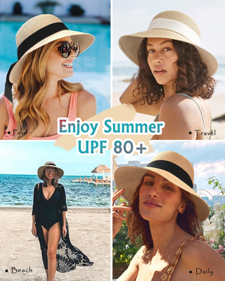 FURTALK Wide Ribbon Straw Beach Sun Hat