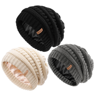 FURTALK 3 Pack Satin Lined Slouchy Winter Beanie Knit Hat