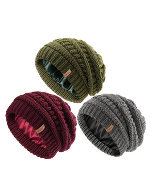 FURTALK 3 Pack Satin Lined Slouchy Winter Beanie Knit Hat