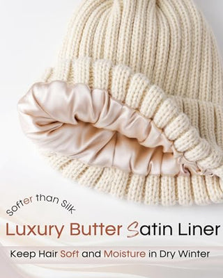 FURTALK Womens Winter Beanie Hat Satin Lined Faux Fur Pom Pom Beanies Hat for Women Winter Warm Knit Hats