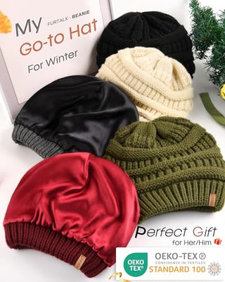 FURTALK 3 Pack Satin Lined Slouchy Winter Beanie Knit Hat