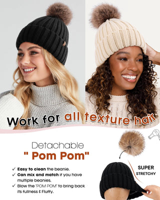FURTALK Womens Winter Beanie Hat Satin Lined Faux Fur Pom Pom Beanies Hat for Women Winter Warm Knit Hats