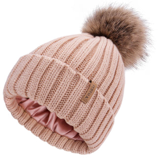 FURTALK Womens Winter Beanie Hat Satin Lined Faux Fur Pom Pom Beanies Hat for Women Winter Warm Knit Hats