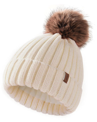 FURTALK Knitted Pom Beanie Hat Cotton Lined Pom Pom Cap