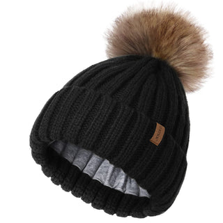 FURTALK Knitted Pom Beanie Hat Cotton Lined Pom Pom Cap