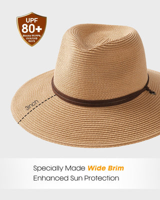 FURTALK Womens Summer Straw Sun Hats Wide Brim Panama Fedora Beach Hat with Wind Lanyard UPF 80+