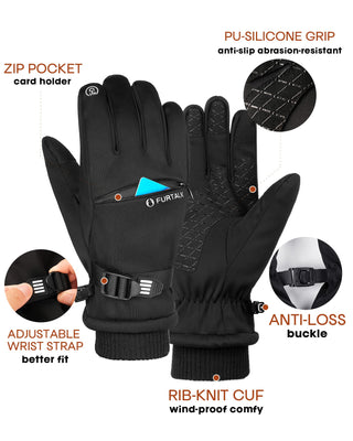 FURTALK Winter Gloves for Men Women with Card Pocket Waterproof Windproof Touchscreen Warm Ski Snow Fleece Lined