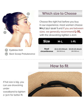 FURTALK Womens Summer Straw Sun Hats Wide Brim Panama Fedora Beach Hat with Wind Lanyard UPF 80+